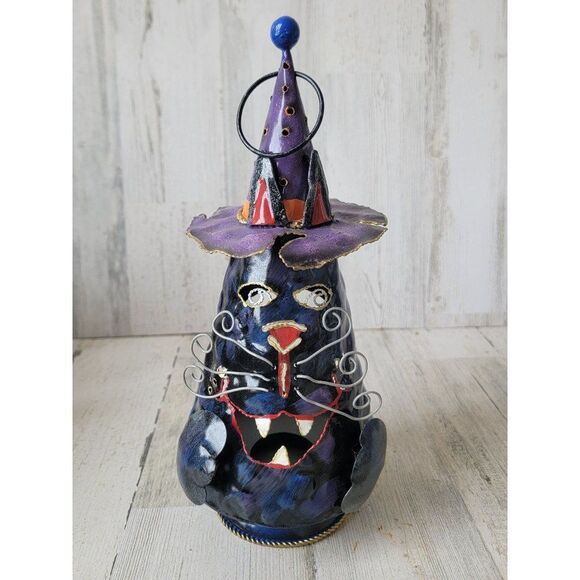 Halloween black cat tealight candle holder Witch hat unique - Picture 1 of 10
